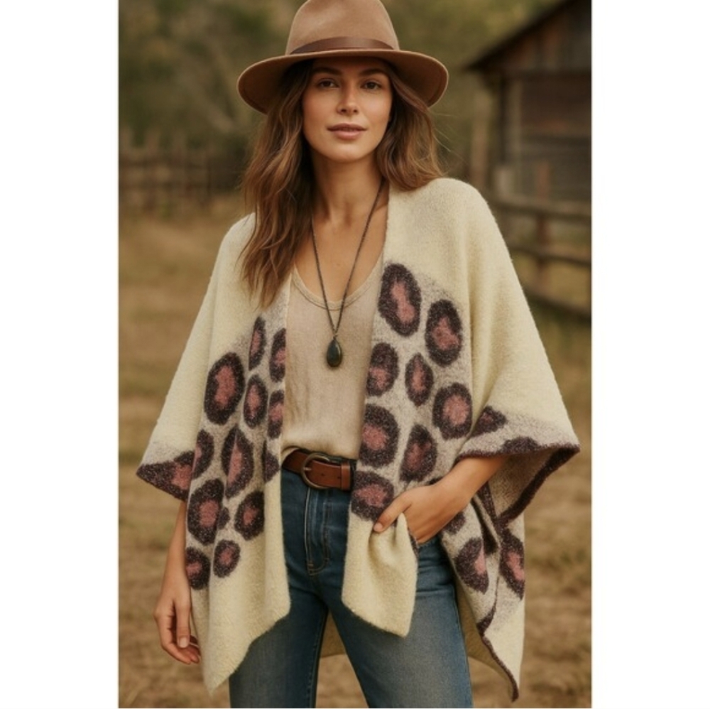 Anthropologie Kenzie Leopard Print Shimmer Festive Wrap One Size Ivory Pink EUC